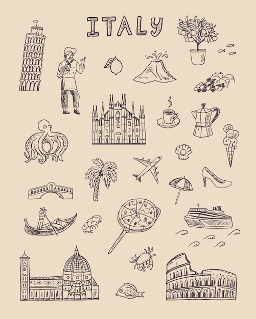 Italien Reise handgezeichneter Doodle-Ikonensatz Vektorillustration