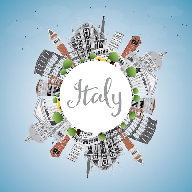 Italien-skyline mit sehenswürdigkeiten und textfreiraum. vektor-illustration. geschäftsreise- und tourismuskonzept mit historischer architektur. bild für präsentationsbanner-plakat und website.