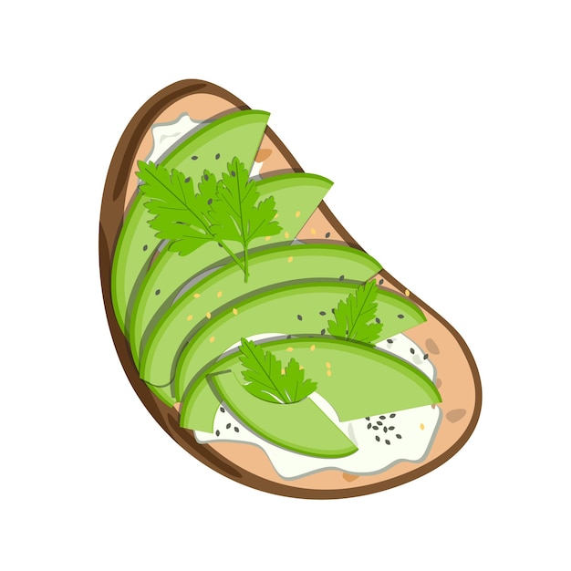 Italienische bruschetta oder sandwich auf einer scheibe brot mit frischkäse, avocado und petersilie oder korianderblättern. vektor lokalisierte karikaturlebensmittelillustration.