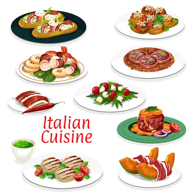 Vektor italienische fleischgerichte meeresfrüchte und gemüsesalate