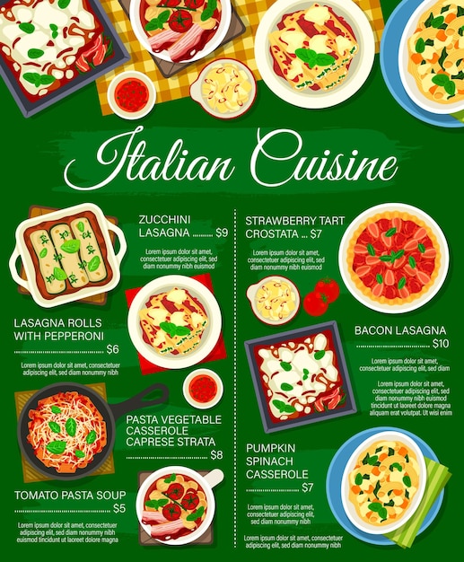 Italienische küche pasta und lasagne menü poster