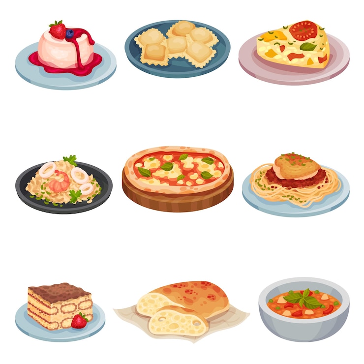 Vektor italienische küchengerichte mit pizza und tiramisu-dessert-vektor-set