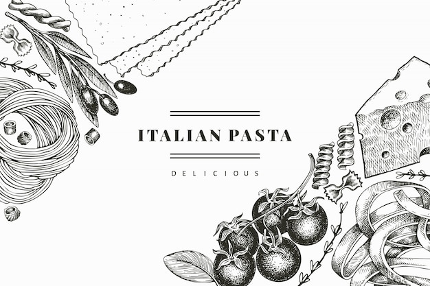 Italienische Pasta mit Ergänzungsdesign. Hand gezeichnete Lebensmittelillustration. Gravierter Stil. Vintage Pasta anders