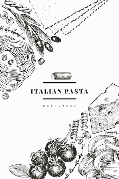Vektor italienische pasta mit ergänzungsentwurfsschablone. hand gezeichnete lebensmittelillustration. gravierter stil. vintage pasta verschiedene arten hintergrund.