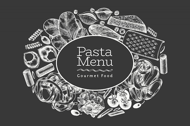 Italienische pasta mit zusätzen. hand gezeichnete vektorlebensmittelillustration auf kreidetafel. gravierter stil. vintage pasta verschiedene arten.