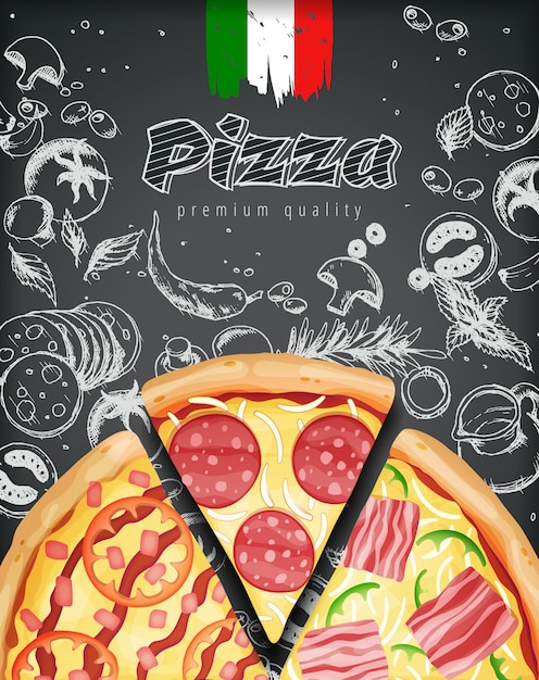 Italienische pizzaanzeigen oder -menü mit reichem belagteig der illustration