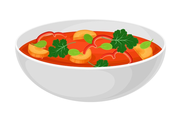 Vektor italienische tomatensuppe mit gemüse und grünen vektorillustration