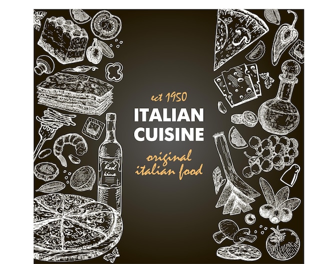 Italienischer Lebensmittelrahmen. Set italienischer Gerichte mit Farfalle-Nudeln, Pizza, Ravioli, Käse. Designvorlage für Speisen und Getränke. Vintage Handzeichnung. Gravierte Bildskizze-Vektor-Illustration.