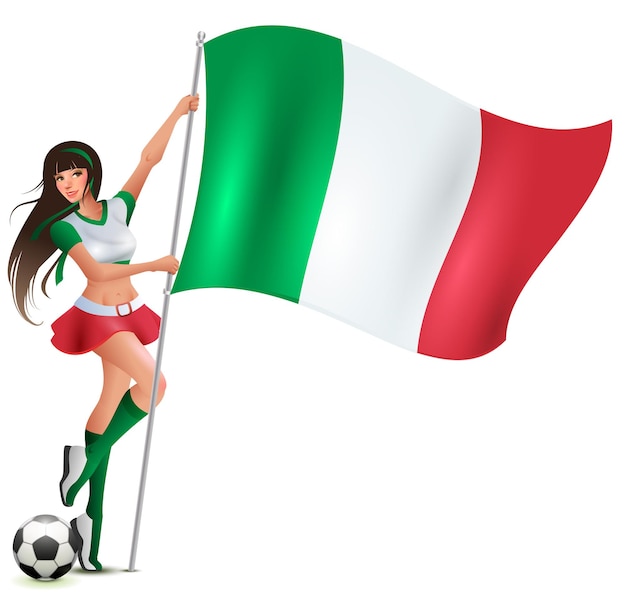 Italienischer schönheitsfußballfan, der flagge hält. isoliert