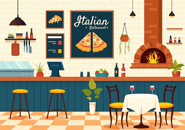 Vektor italienisches essen restaurant oder cafeteria illustration mit traditionellen italienischen gerichten pizza oder nudeln