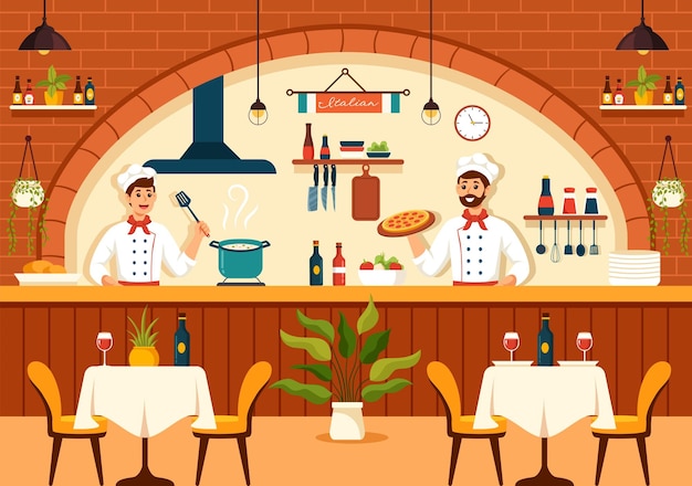 Italienisches Essen Restaurant oder Cafeteria Illustration mit traditionellen italienischen Gerichten Pizza oder Nudeln