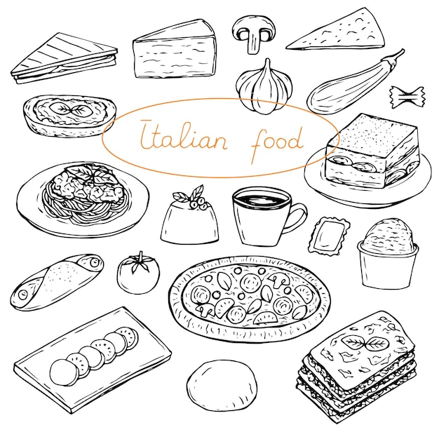 Italienisches Essen Set Vektor Illustration Handzeichnung Umrissskizze