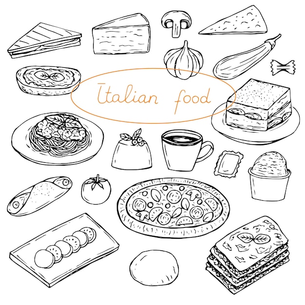 Italienisches essen set vektor illustration handzeichnung umrissskizze