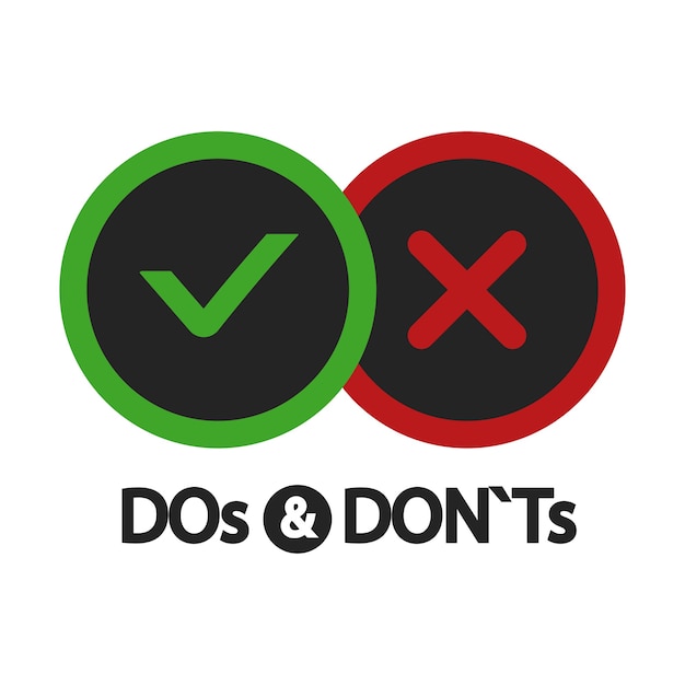 Ja und nein, dos und donts, positive und negative symbole auf weißer illustration isoliert