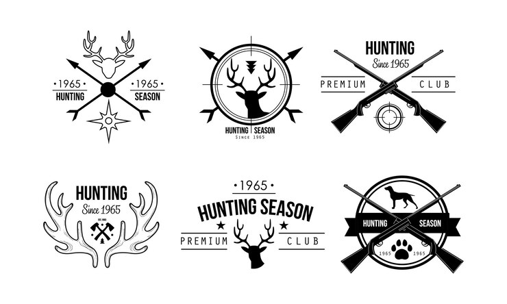 Vektor jagdsaison premium-club-logo-design, wildtierjagd, reisen, abenteuer, retro-abzeichen, vektorillustration isoliert auf weißem hintergrund