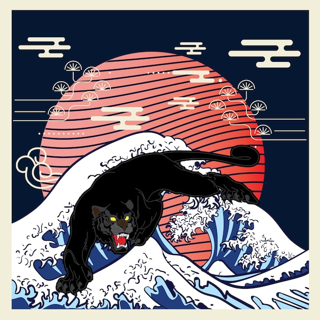 Jaguar-illustration mit hintergrund im japanischen stil