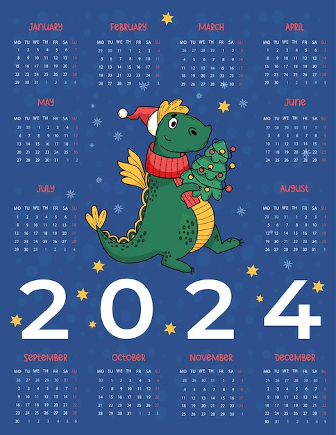 Jahreskalender 2024 niedlicher drache mit weihnachtsbaum vertikal 12 monate in englischer sprache woche am montag