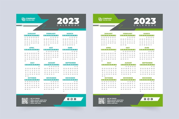 Jahreskalender des unternehmens für das neue jahr 2023 büroorganisator und wandkalenderdesign mit blauen und grünen farben 2023 kalendervektorillustration mit abstrakten formen die woche beginnt am sonntag