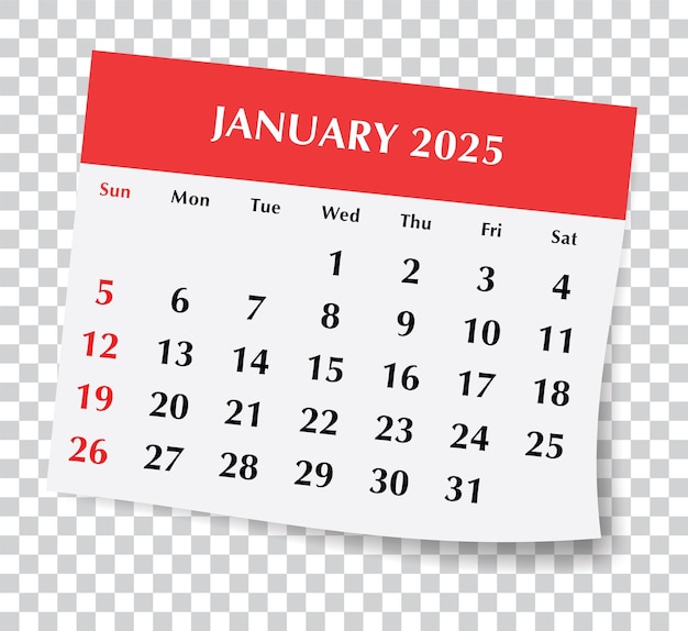 Januar 2025 Englischer Kalender Vektorillustration einer monatlichen Papierseite mit durchsichtigem Hintergrund