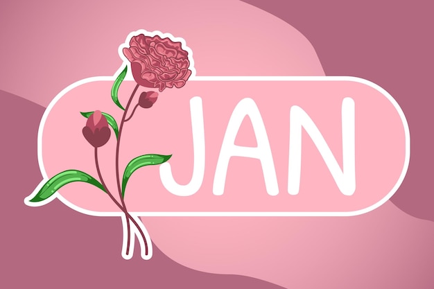 Januar-Monatsname mit Nelkengeburtsblumenelement für Kalenderplaner des Aufkleberjournals