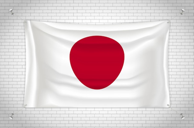 Japan-Flagge hängt an der Ziegelwand. 3D-Zeichnung. Fahne an der Wand befestigt.