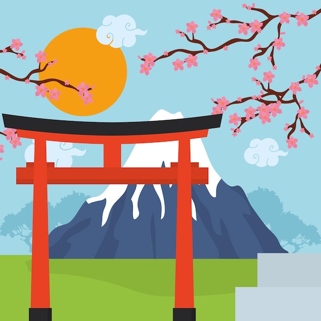 Japan-illustration mit fuji-berg und torii-tor