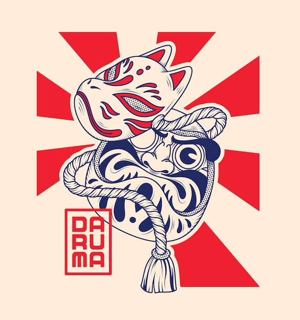 Vektor japanische daruma-puppe mit kitsune-maskenillustration