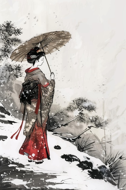 Vektor japanische frau in rotem kimono mit regenschirm auf einem schneebedeckten berg
