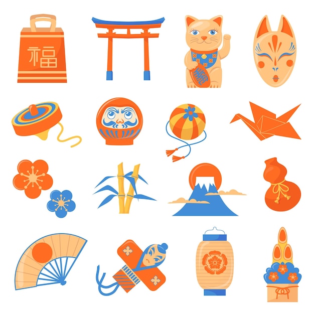 Japanische glücksbringer, japanischer wohlstand und erfolg, amulett, modeelemente für werbekarten, asiatisches neujahr, traditionelle souvenirs, katzendaruma-puppen, set ordentliche vektorillustration