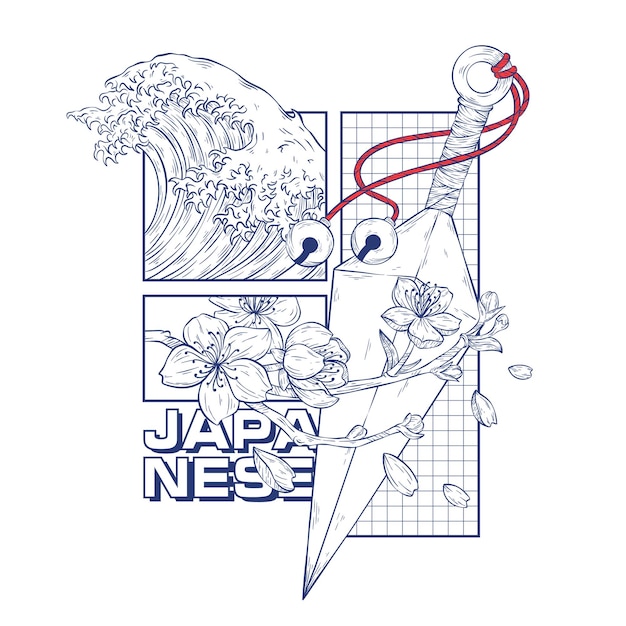 Vektor japanische icon-illustration t-shirt-design