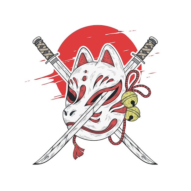 Japanische kitsune-maske und katana-schwertillustration