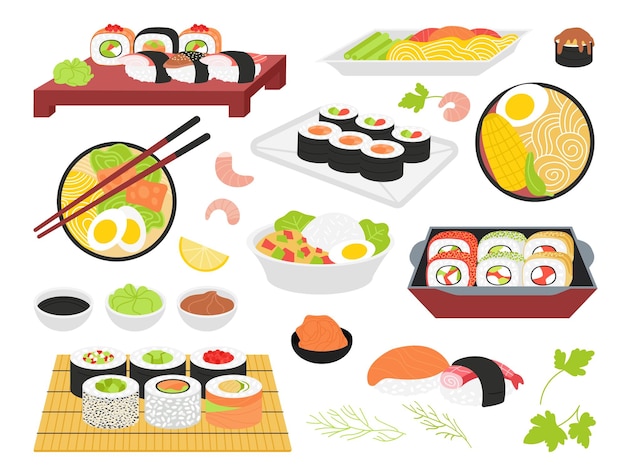 Japanische Küche Reis und Lachs Platz Korea Japan China Essen Mittagessen Schüssel und Sushi-Rollen und Meeresfrüchte Traditionelle asiatische Mahlzeiten anständiger Vektor-Set