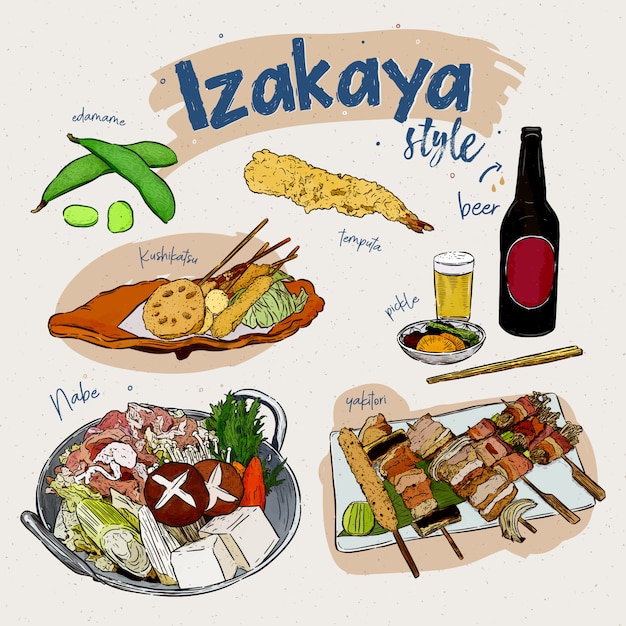 Japanische lebensmittelelemente, izakaya-art. imbissbude. hand zeichnen skizze vektor.