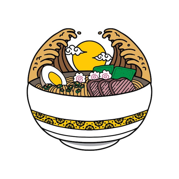 Japanische ramen-nudeln suppenschüssel vektor icon illustration mit vintage retro flat style