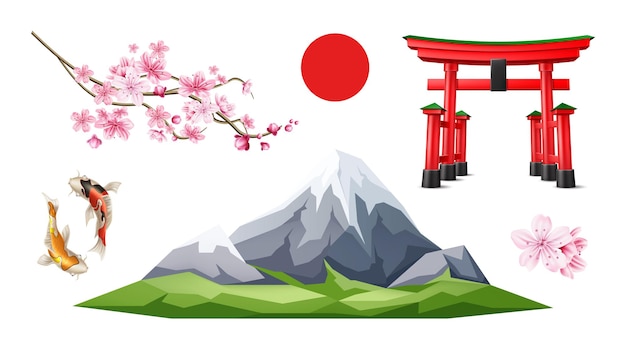Japanische realistische symbole setzen torii tor fuji berg sakura koi karpfen fisch, der sonne erhebt