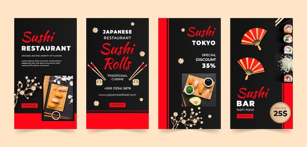 Vektor japanische restaurant instagram geschichten gesetzt