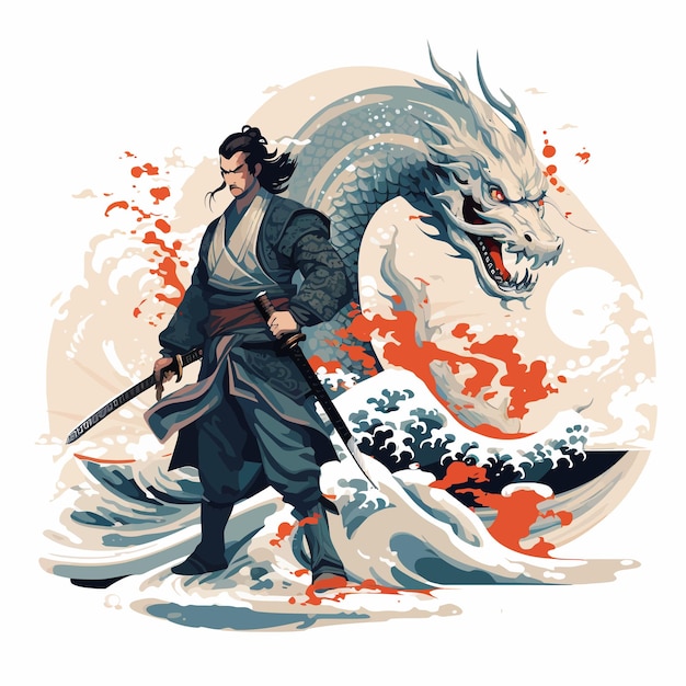 Vektor japanische samurai-vektorkunst mit drachen