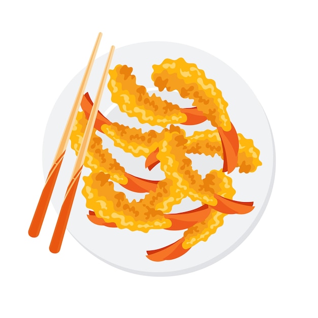 Vektor japanische tempura-garnelen gebratene garnelen in einem teller mit essstäbchen asiatische meeresfrüchte-illustration