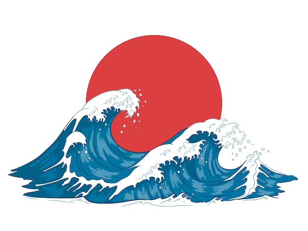 Japanische Welle. Japanische große Wellen, tosender Ozean und Vintage Meerwasserillustration