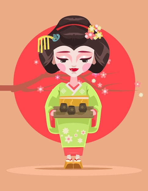 Japanischer geisha-charakter halten tee. flache karikaturillustration des vektors