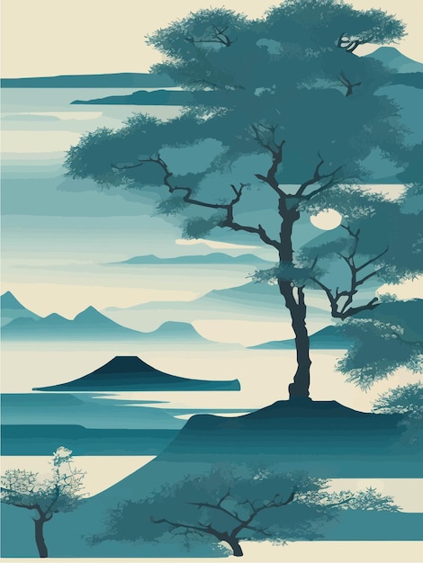 Vektor japanischer landschaftshintergrund mit berg-fuji-sonnenaufgang und pagodenplakat mit offenen postkarten von