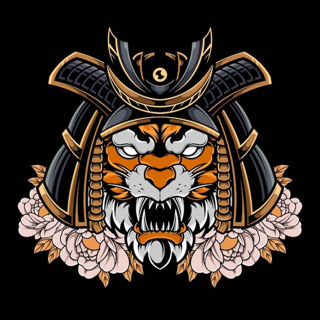 Japanischer mythischer samurai-tiger mit blumen-logo-illustration