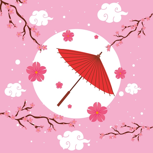 Japanischer Regenschirm und Blumen