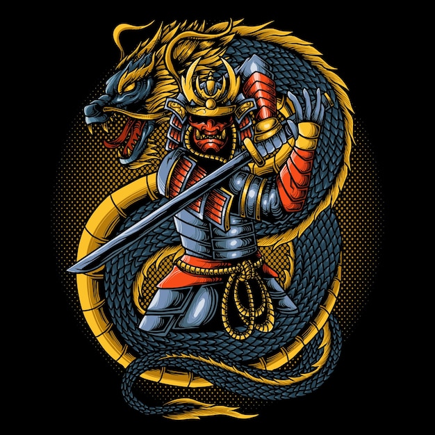Vektor japanischer samurai-krieger mit drachenvektorillustration