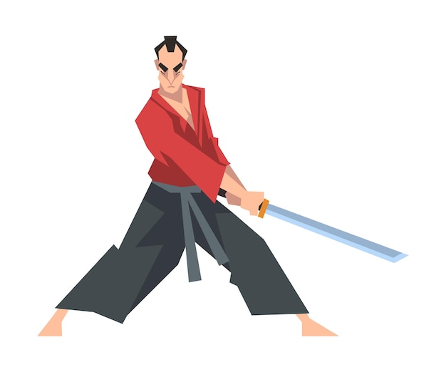 Japanischer Samurai trägt einen roten Karate-Anzug und hält eine Katana-Vektorillustration