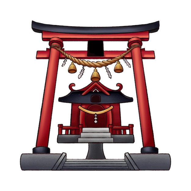 Vektor japanischer schrein und torii rotes tor. japanische traditionelle kultur. religiöse symbole des shintoismus.