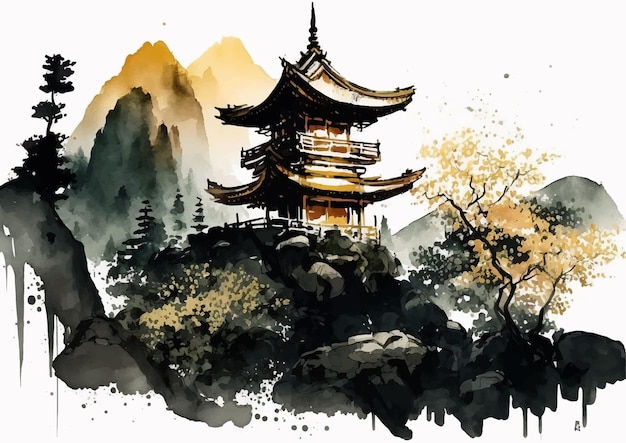 Japanischer tempel im aquarell-sonnenuntergang