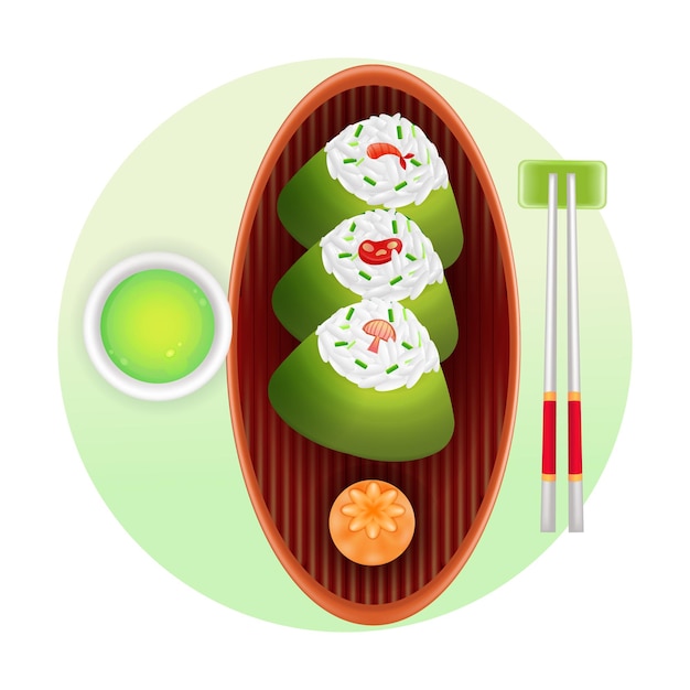 Japanisches essen 3d-darstellung von reisbällchen und grünem tee