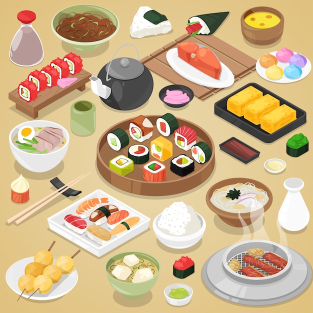 Japanisches Essen essen Sushi Sashimi Roll oder Nigiri und Meeresfrüchte mit Reis in Japan Restaurant Illustration Japanisierung Küche mit Essstäbchen auf Hintergrund gesetzt