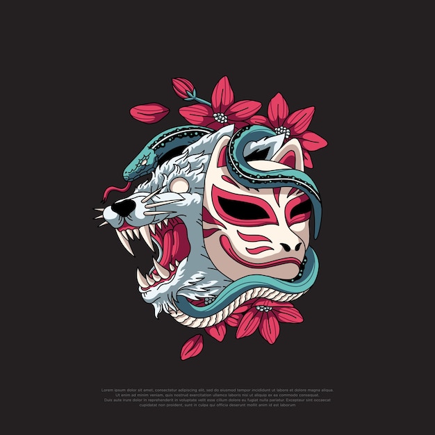 Japanisches kitsune-wolf-vektor-illustrationsdesign